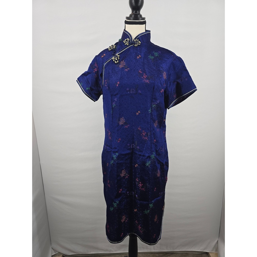 Sues‎ Fashion Royal Blue Satin Brocade Qipao Cheongsam Dress Floral Size 44